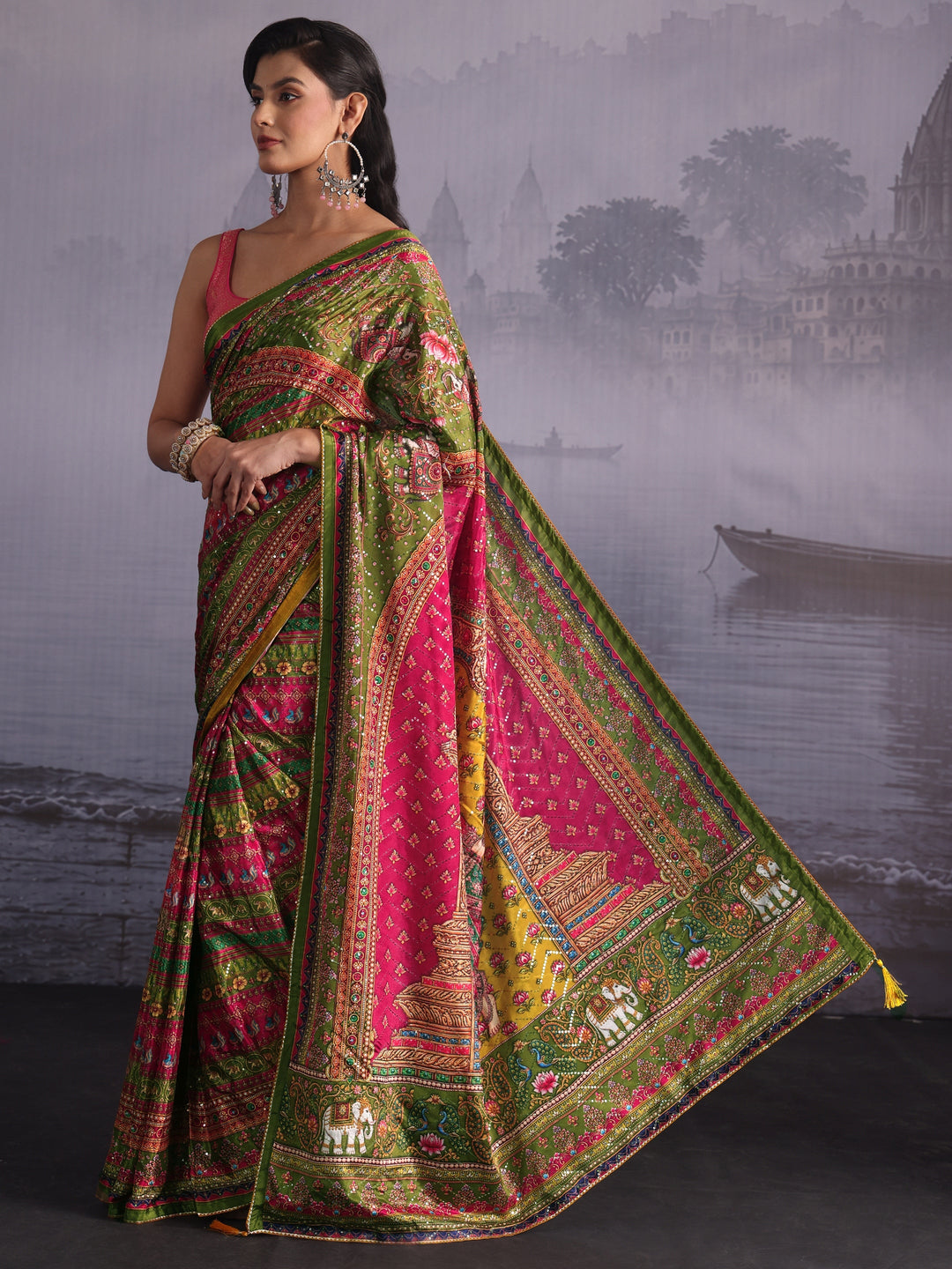 Libas Multicolour Print Sequined Satin Saree