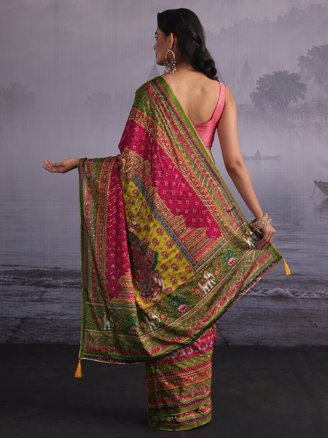 Libas Multicolour Print Sequined Satin Saree