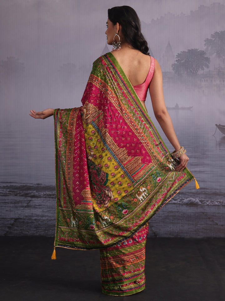 Libas Multicolour Print Sequined Satin Saree