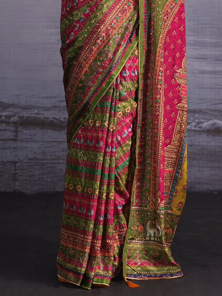 Libas Multicolour Print Sequined Satin Saree