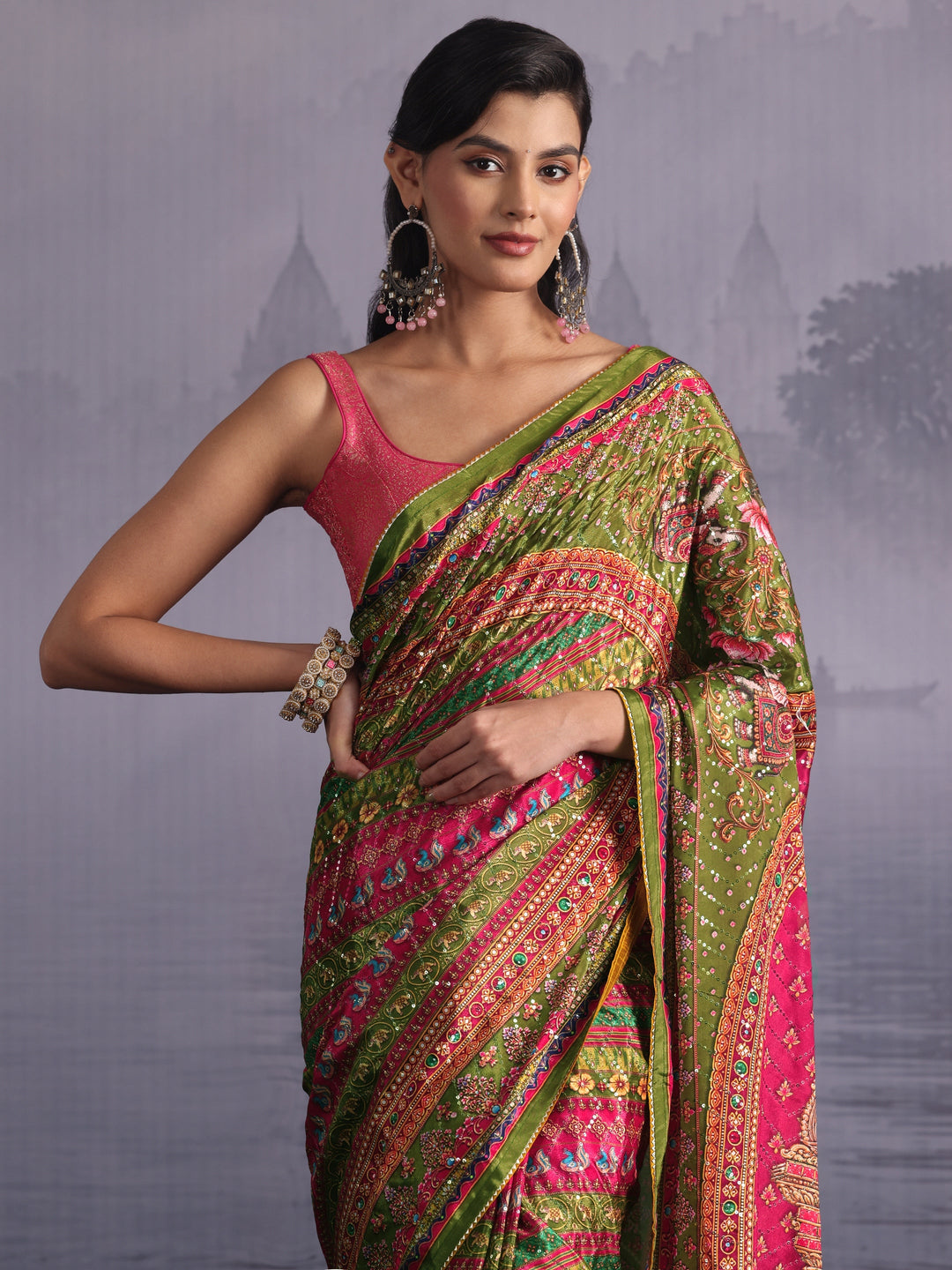 Libas Multicolour Print Sequined Satin Saree
