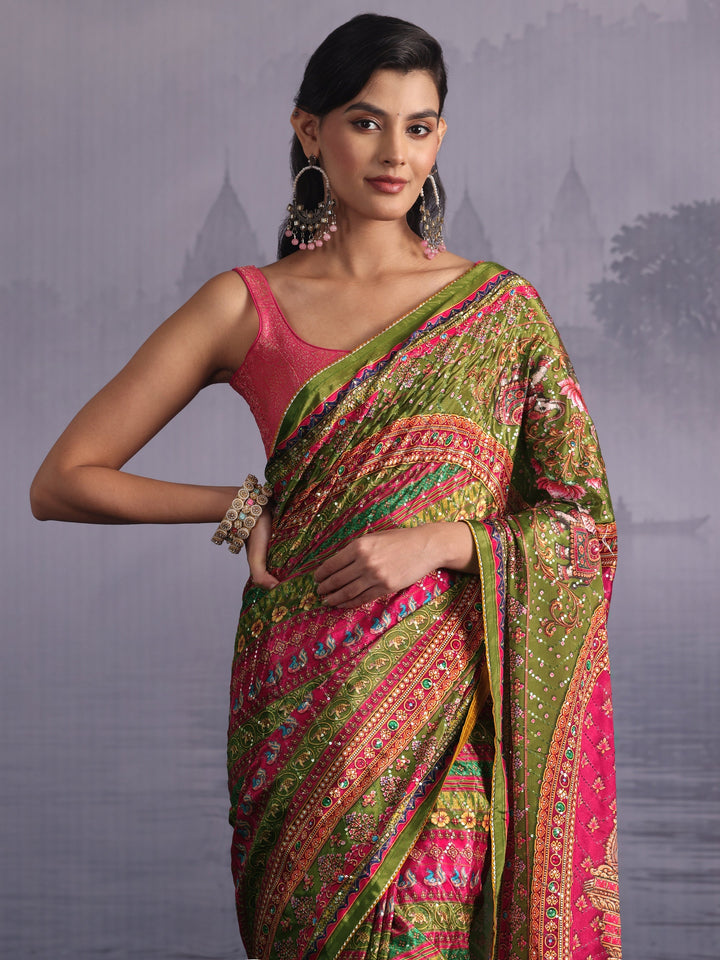 Libas Multicolour Print Sequined Satin Saree