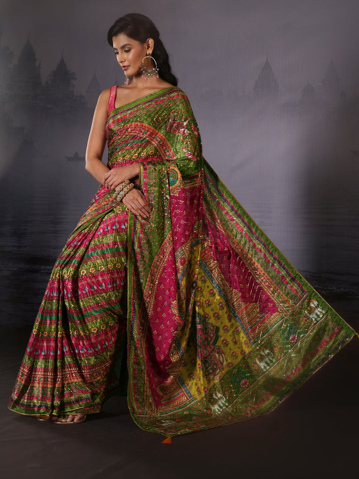 Libas Multicolour Print Sequined Satin Saree