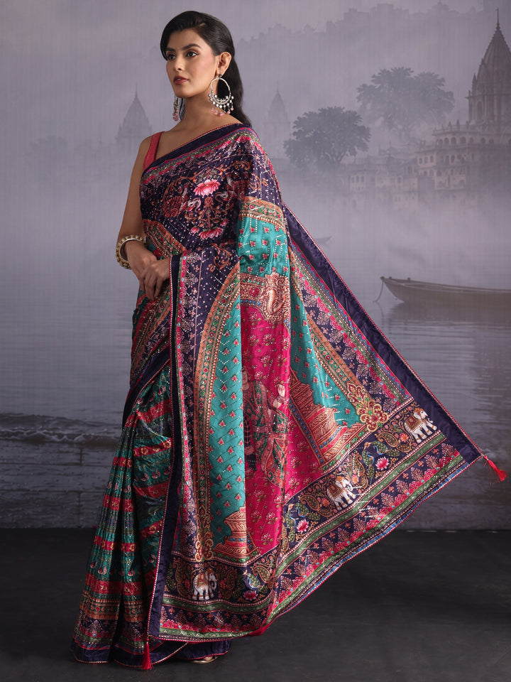 Libas Multicolour Print Sequined Satin Saree