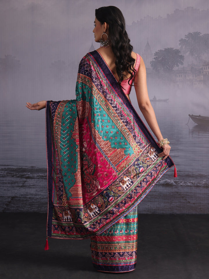 Libas Multicolour Print Sequined Satin Saree