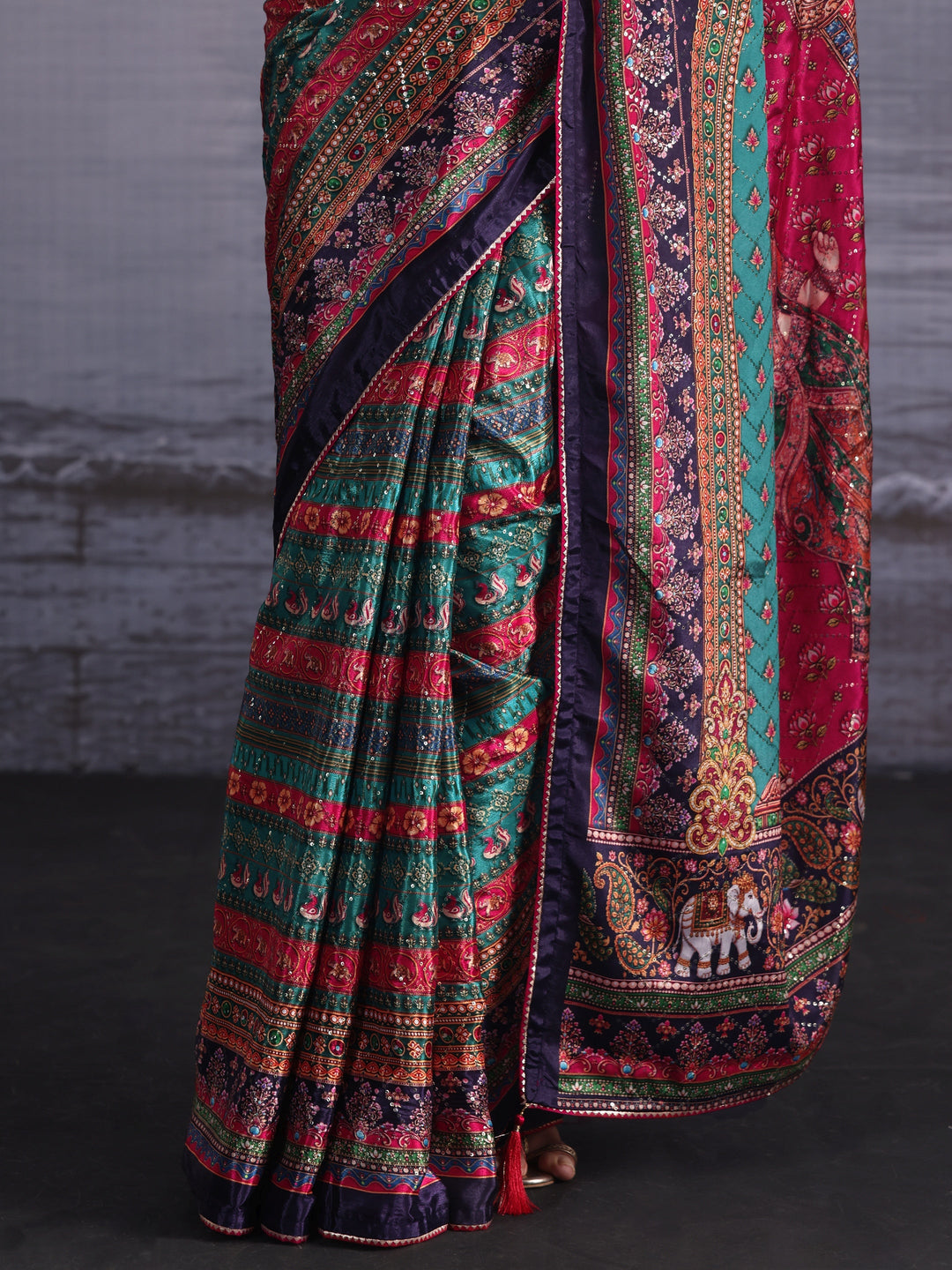 Libas Multicolour Print Sequined Satin Saree