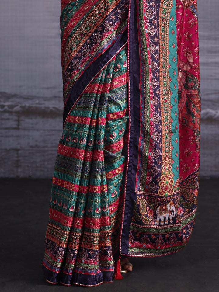 Libas Multicolour Print Sequined Satin Saree