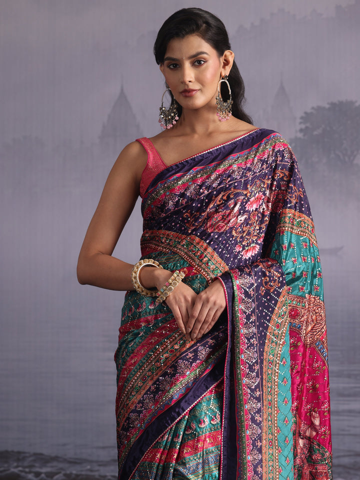 Libas Multicolour Print Sequined Satin Saree