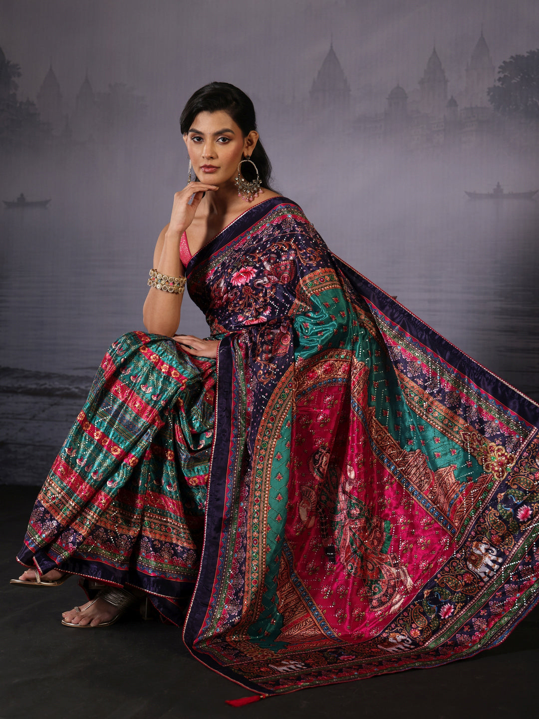 Libas Multicolour Print Sequined Satin Saree