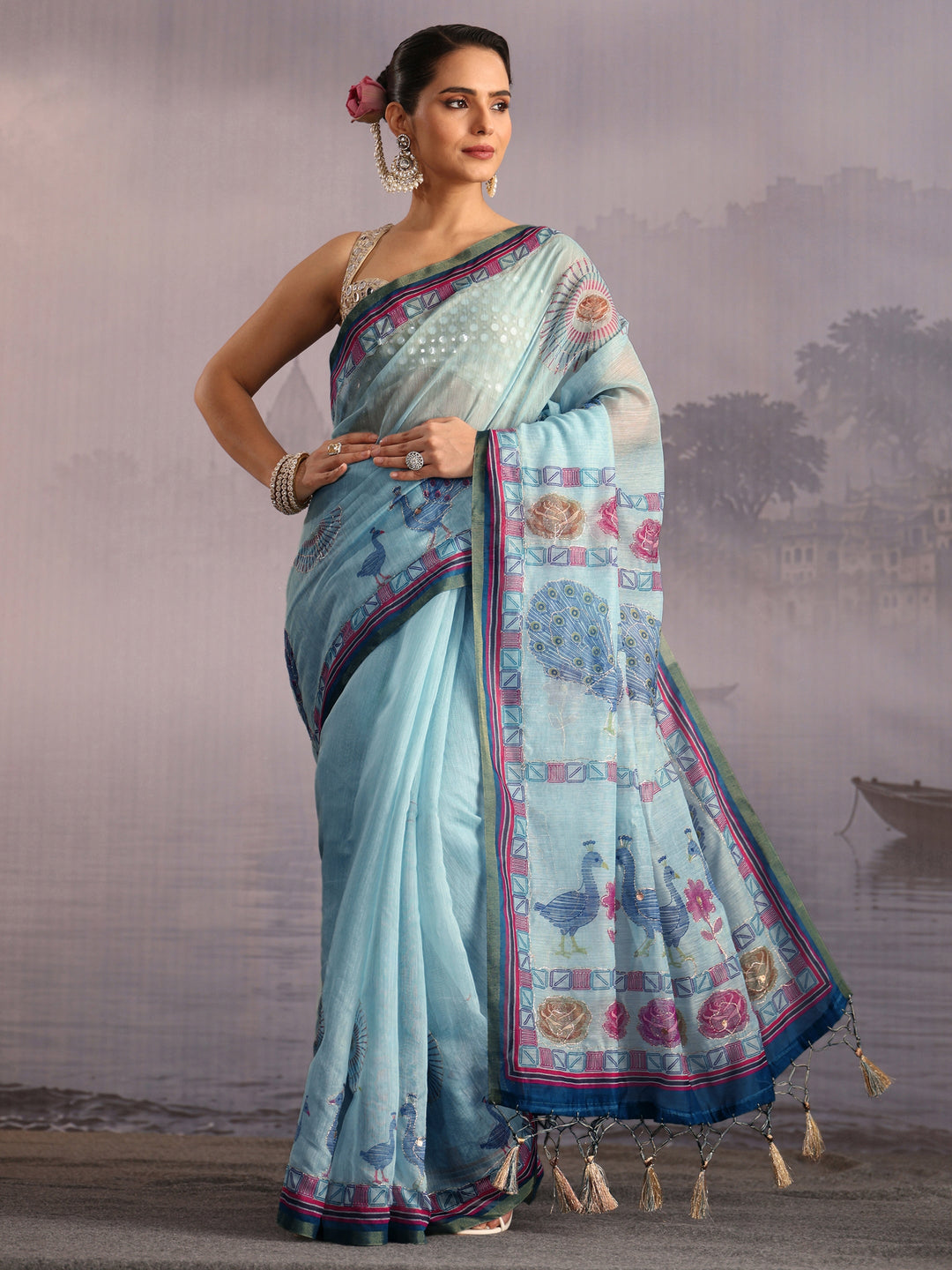 Libas Sky Blue Peacock Printed Silk Blend Tassel Saree