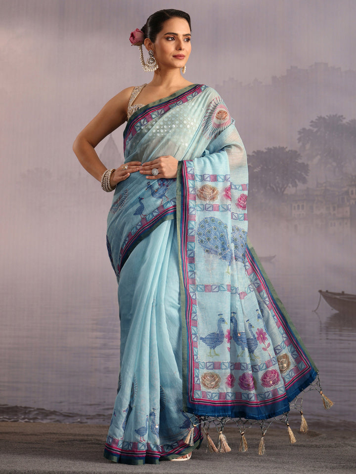 Libas Sky Blue Peacock Printed Silk Blend Tassel Saree