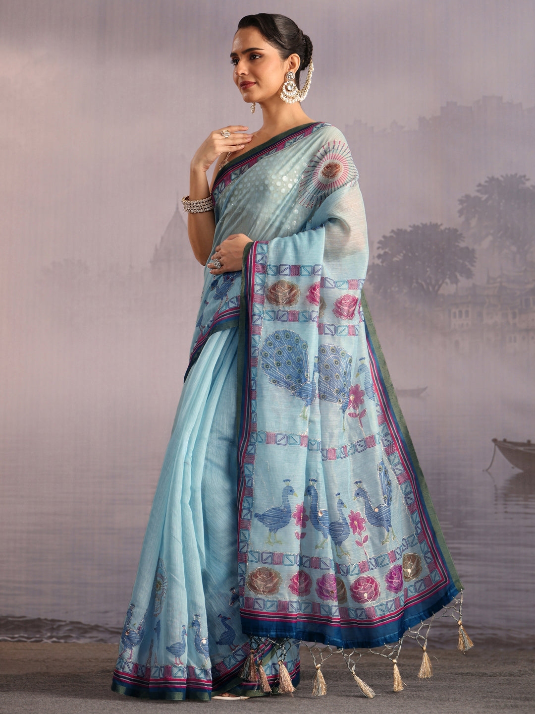 Libas Sky Blue Peacock Printed Silk Blend Tassel Saree
