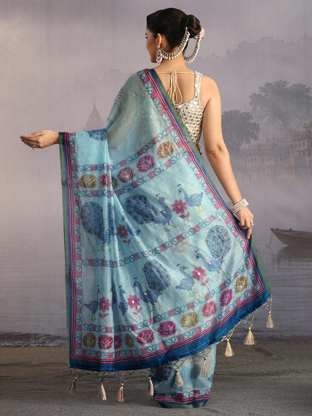 Libas Sky Blue Peacock Printed Silk Blend Tassel Saree
