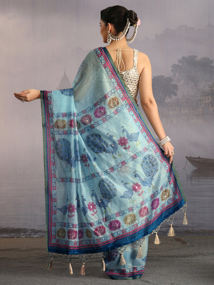 Libas Sky Blue Peacock Printed Silk Blend Tassel Saree