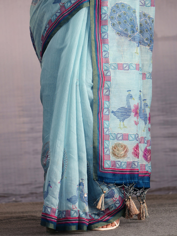 Libas Sky Blue Peacock Printed Silk Blend Tassel Saree