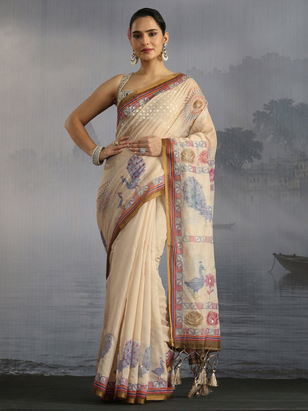 Libas Beige Peacock Printed Silk Blend Tassel Saree