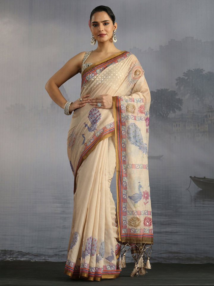 Libas Beige Peacock Printed Silk Blend Tassel Saree