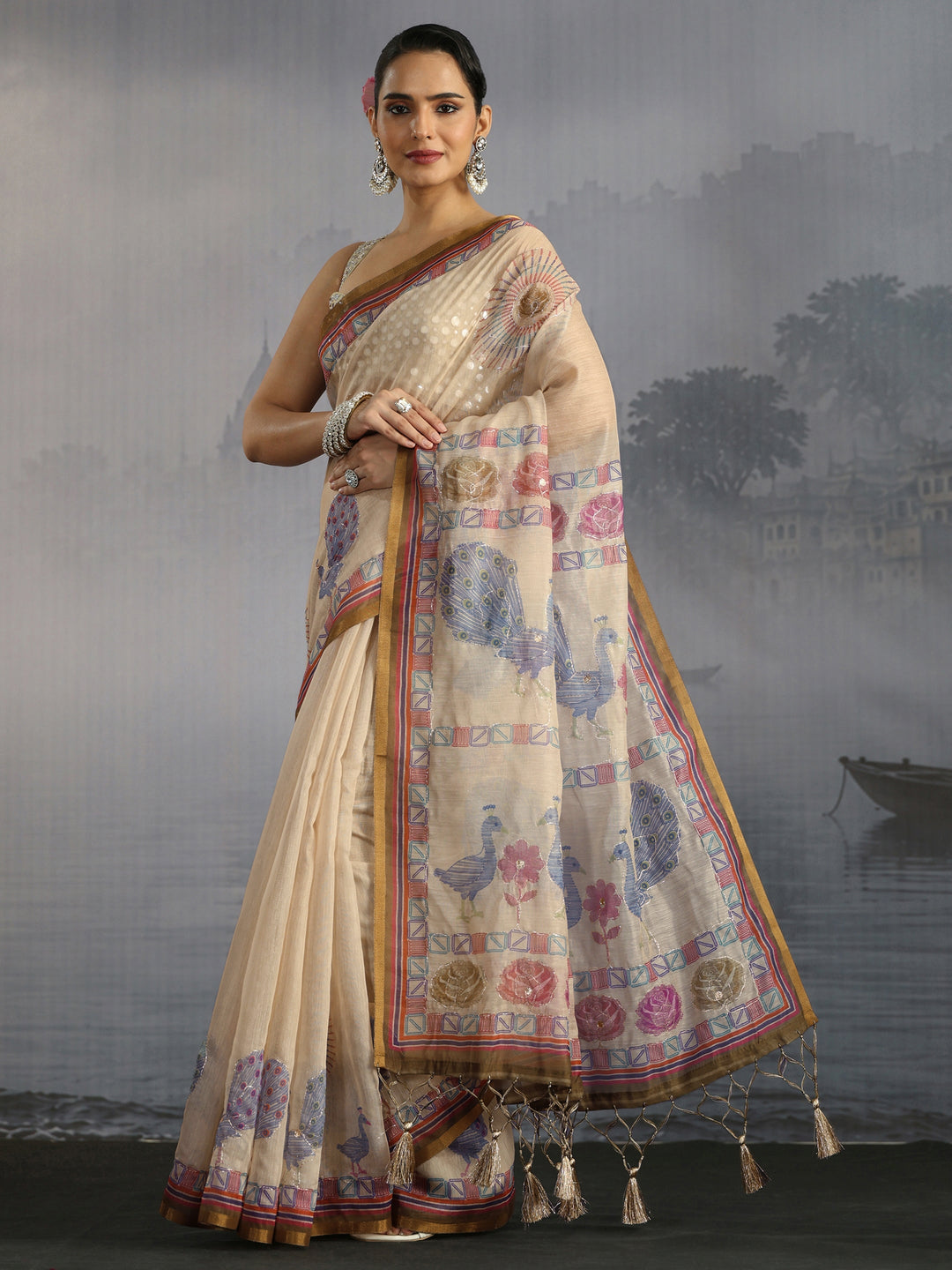 Libas Beige Peacock Printed Silk Blend Tassel Saree
