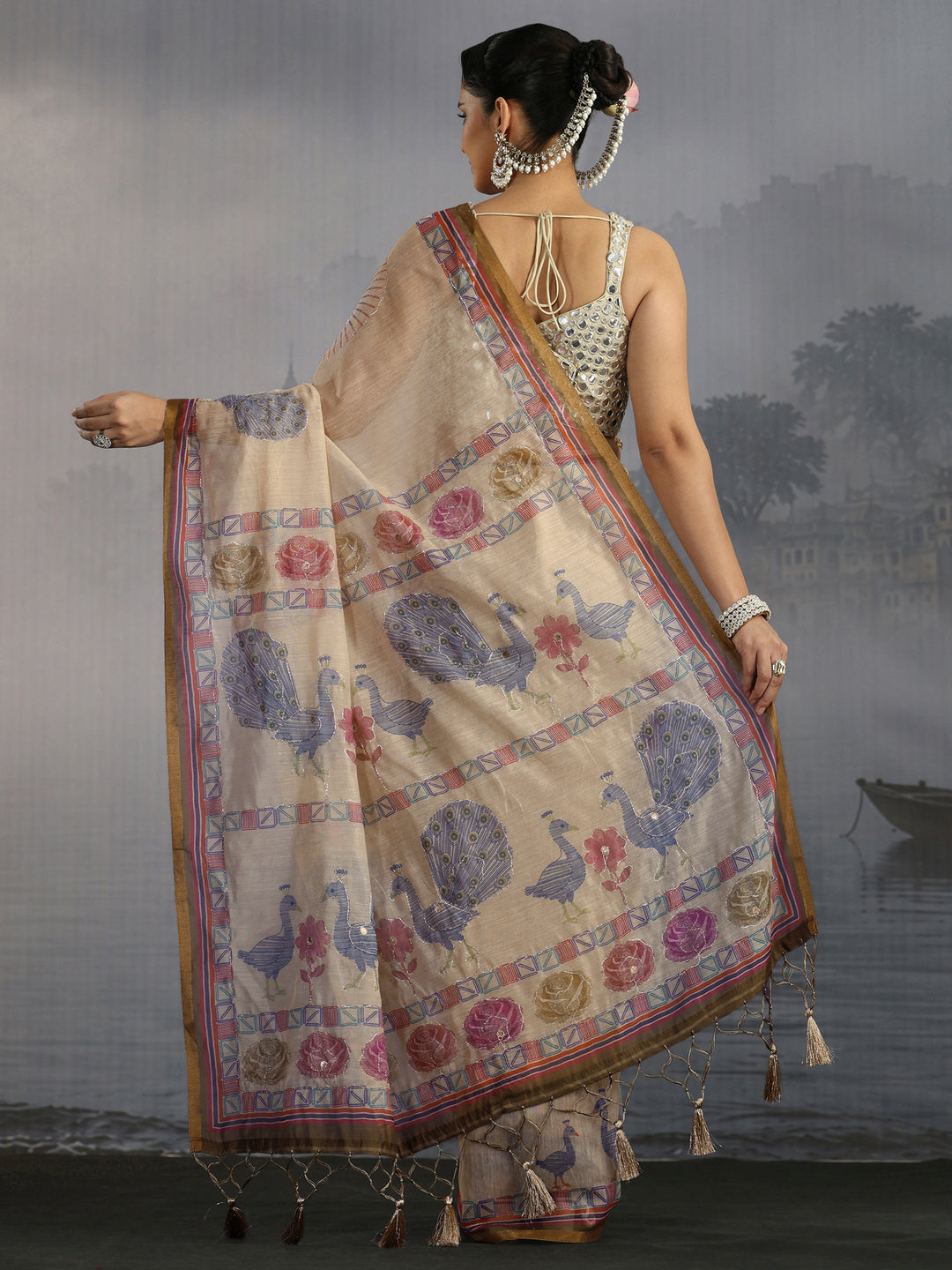 Libas Beige Peacock Printed Silk Blend Tassel Saree