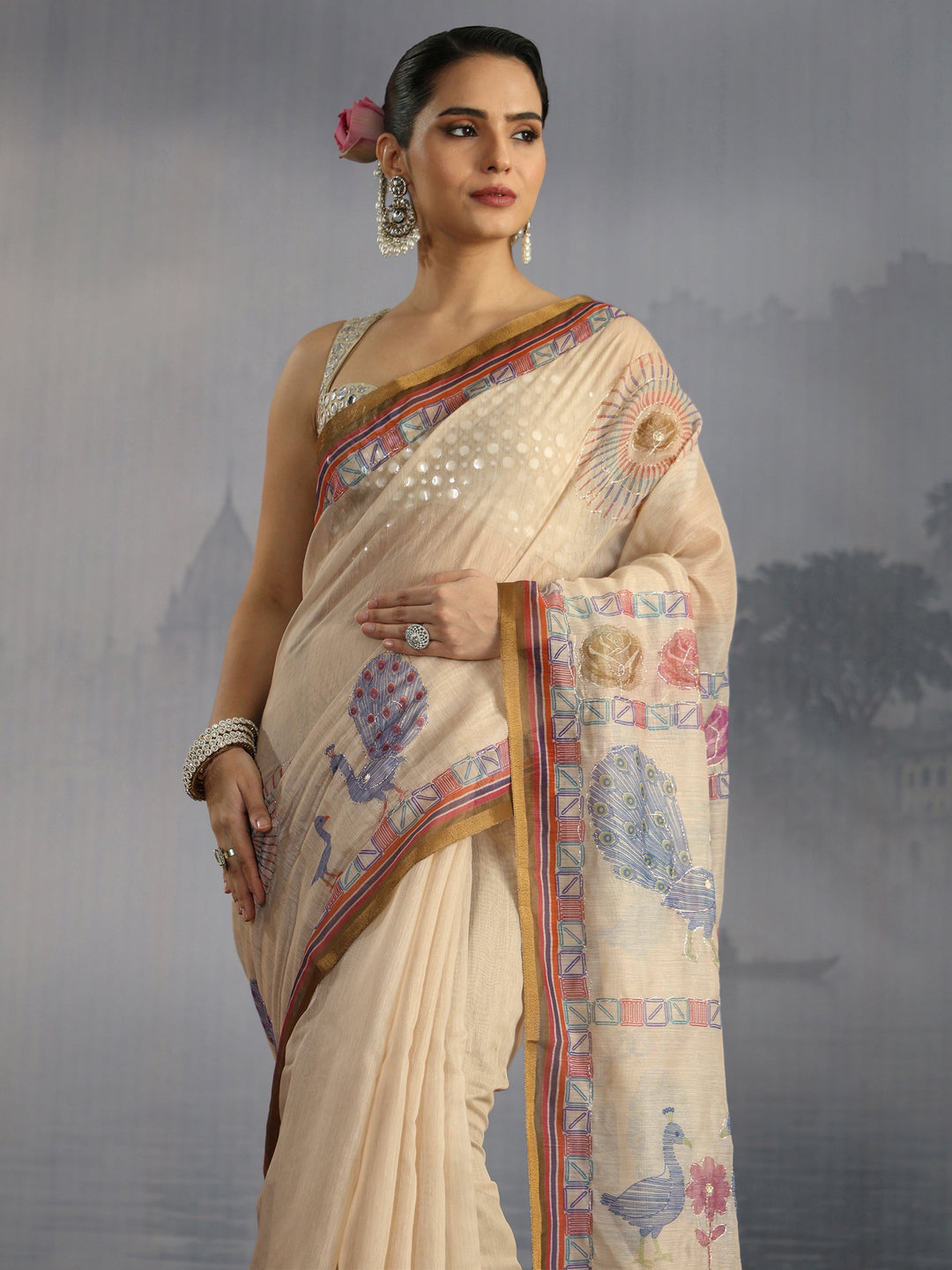 Libas Beige Peacock Printed Silk Blend Tassel Saree