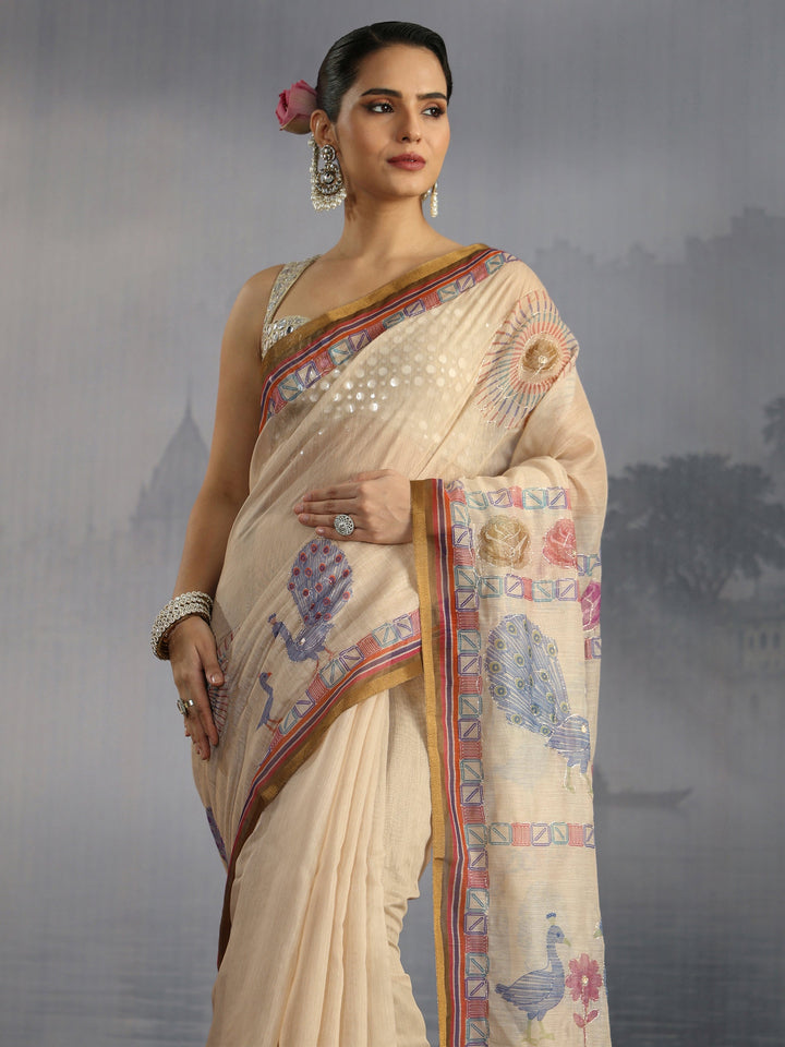 Libas Beige Peacock Printed Silk Blend Tassel Saree