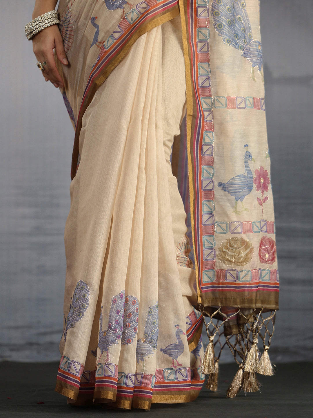 Libas Beige Peacock Printed Silk Blend Tassel Saree
