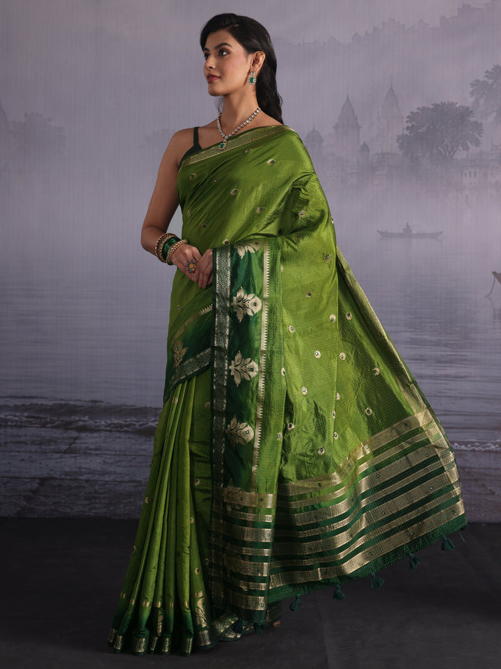 Libas Green Mirror Work Silk Blend Saree with Woven Floral Border