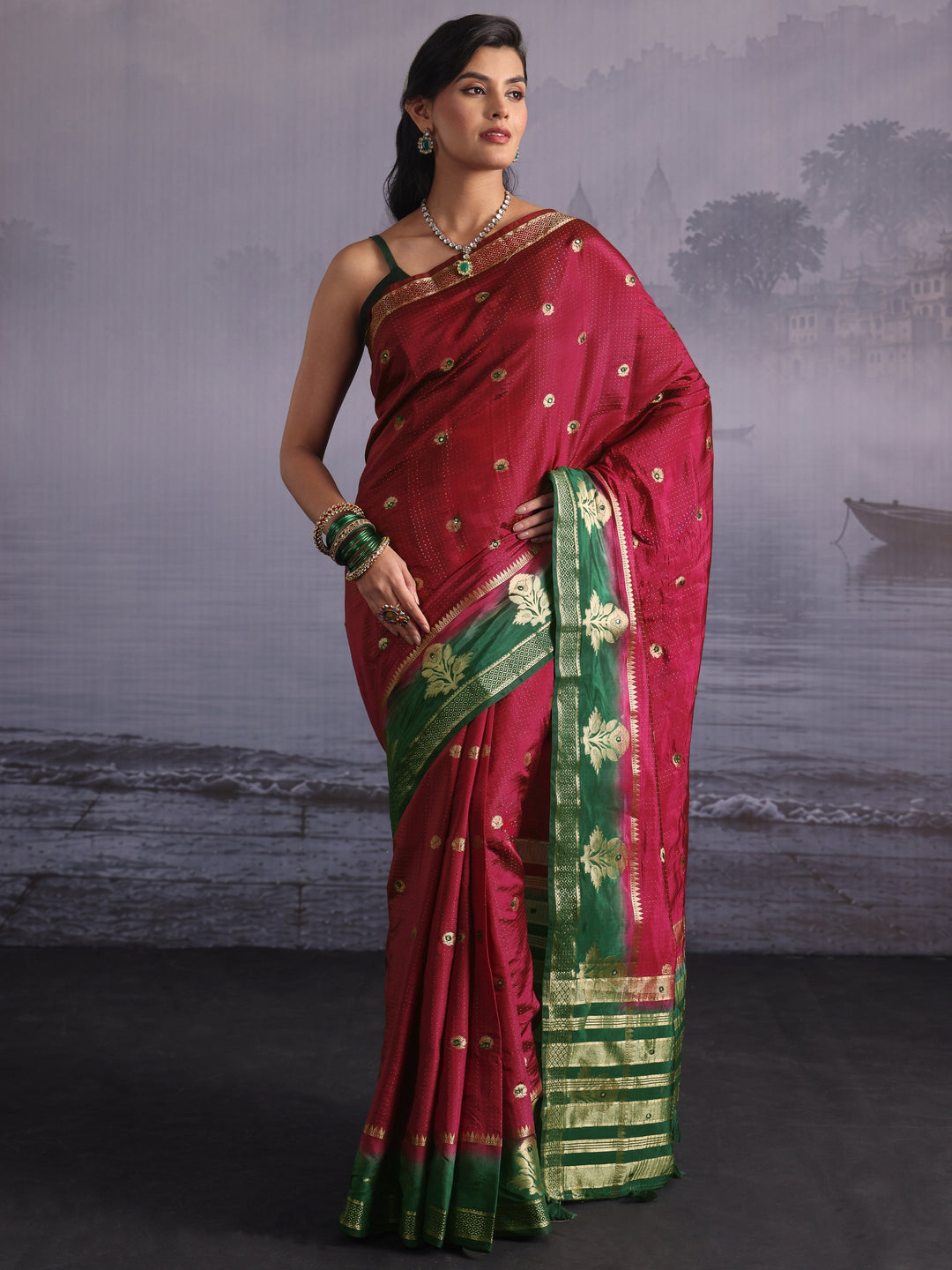 Libas Red Mirror Work Silk Blend Saree with Woven Floral Border