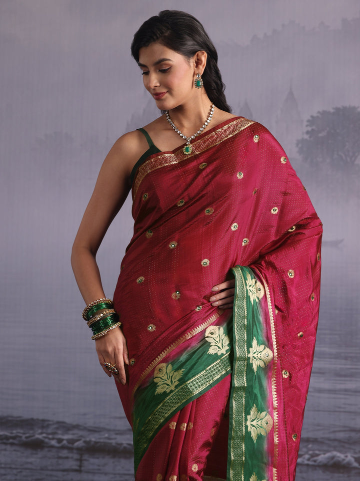 Libas Red Mirror Work Silk Blend Saree with Woven Floral Border