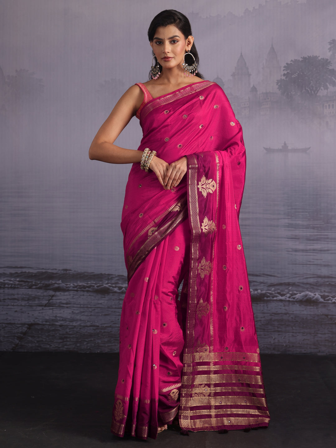 Libas Rose Pink Mirror Work Silk Blend Saree with Woven Floral Border