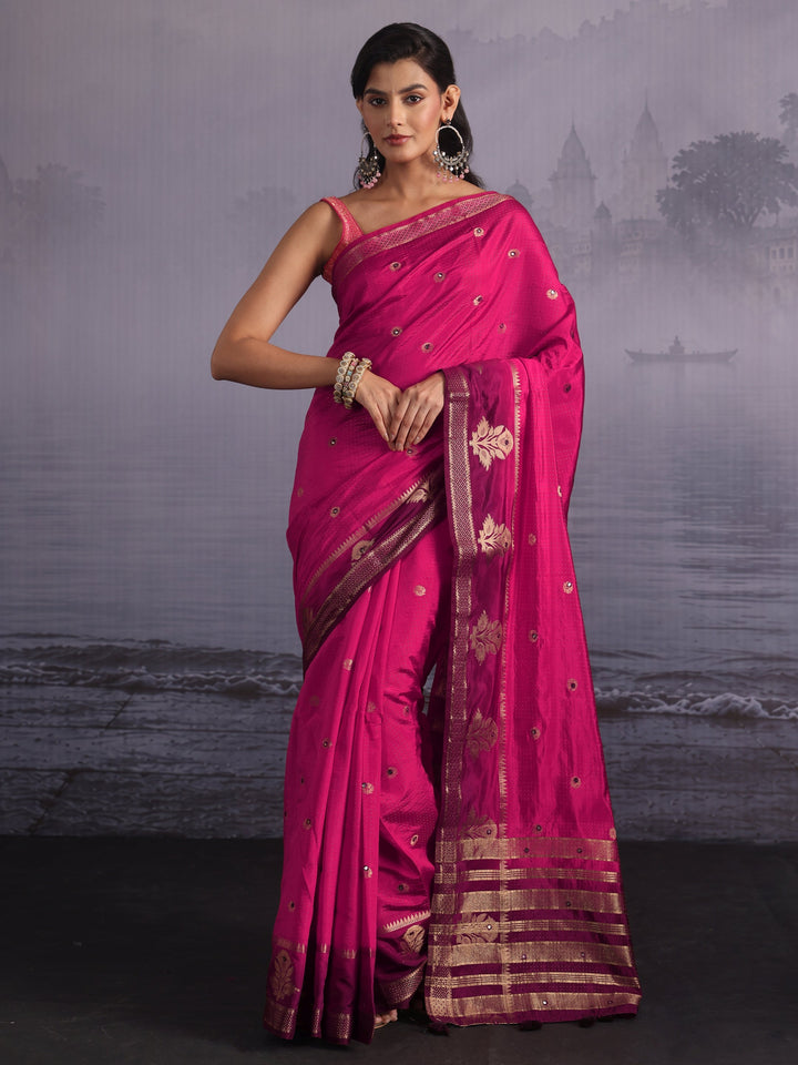 Libas Rose Pink Mirror Work Silk Blend Saree with Woven Floral Border