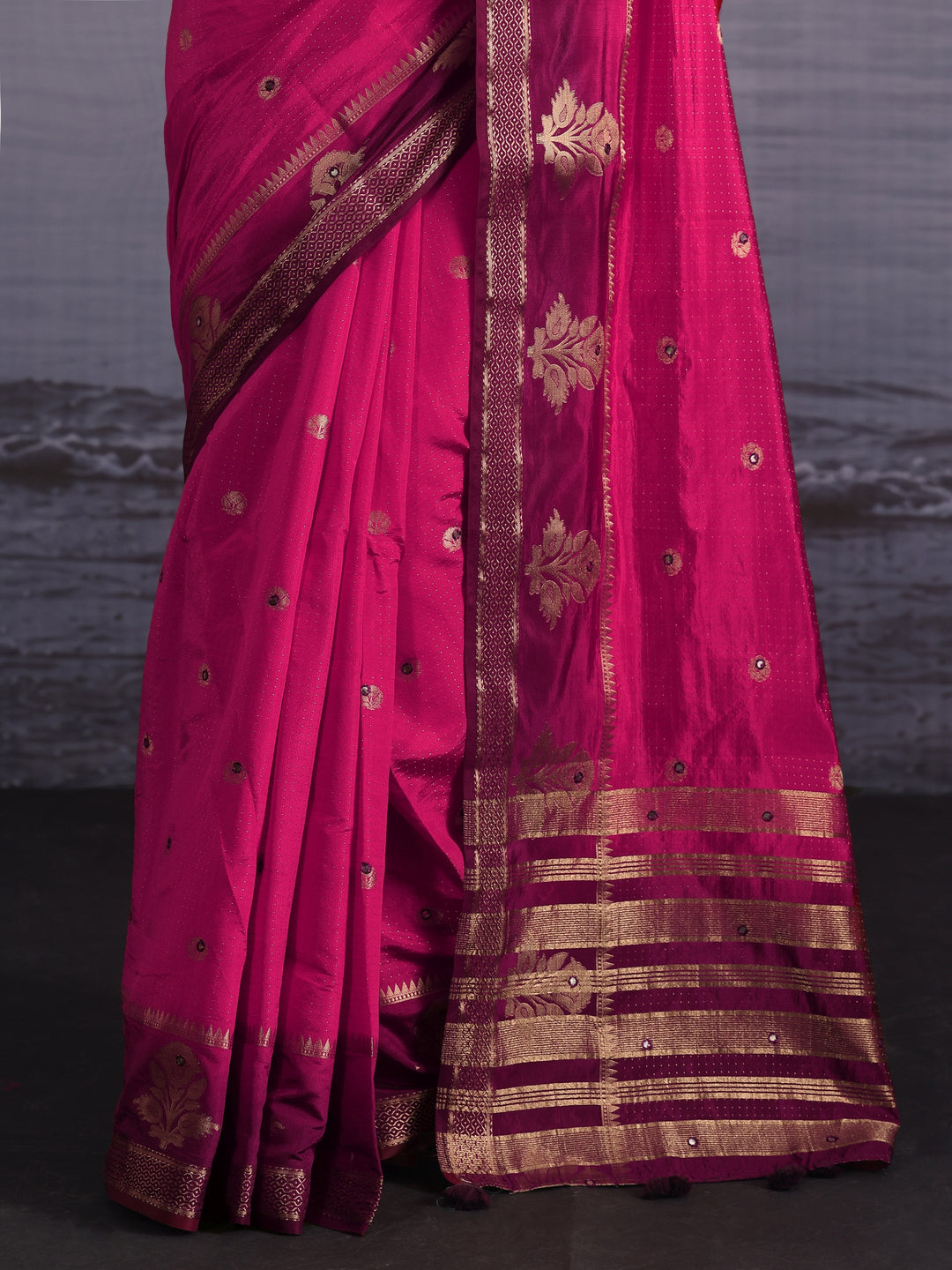 Libas Rose Pink Mirror Work Silk Blend Saree with Woven Floral Border