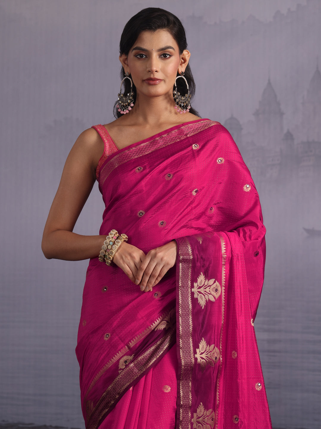 Libas Rose Pink Mirror Work Silk Blend Saree with Woven Floral Border