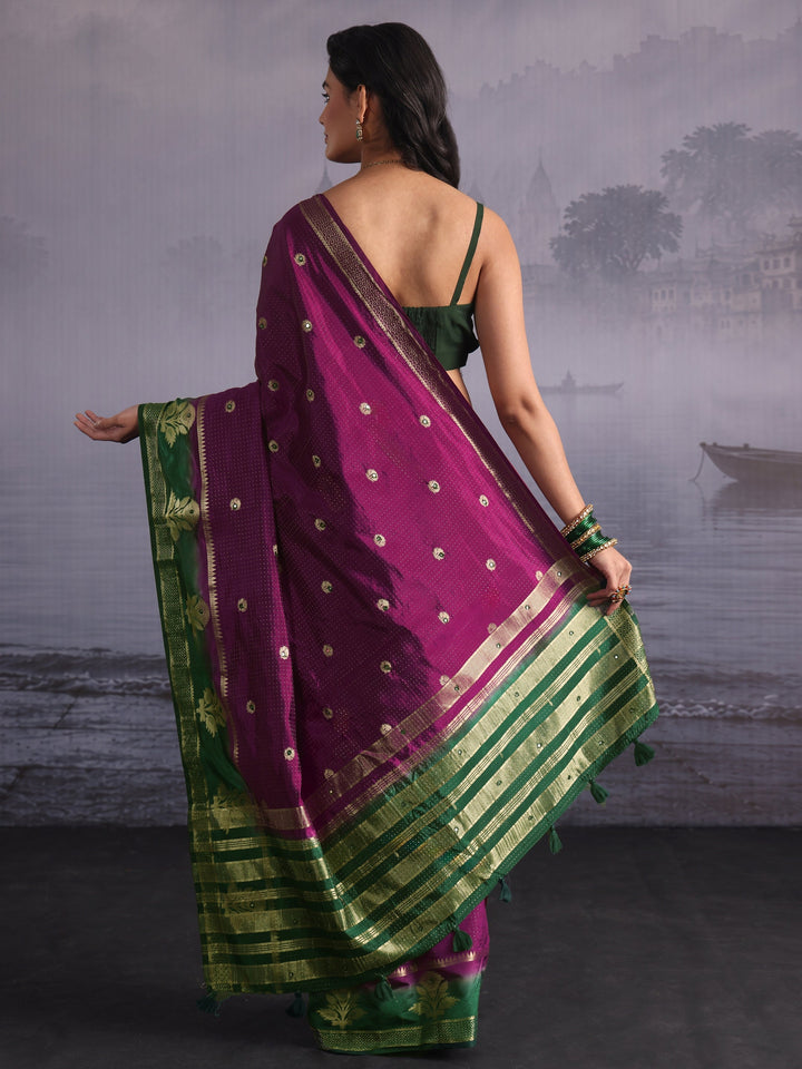 Libas Purple Mirror Work Silk Blend Saree with Woven Floral Border