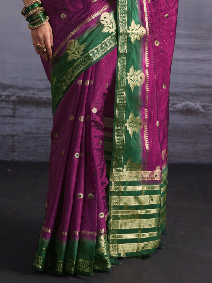 Libas Purple Mirror Work Silk Blend Saree with Woven Floral Border