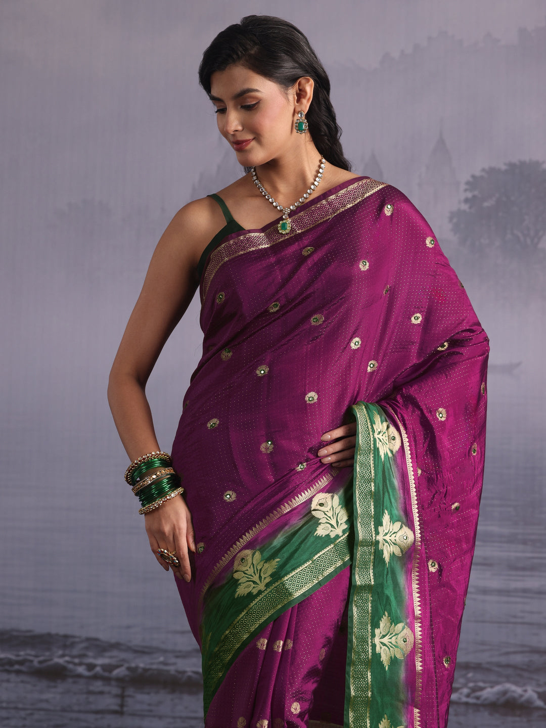 Libas Purple Mirror Work Silk Blend Saree with Woven Floral Border