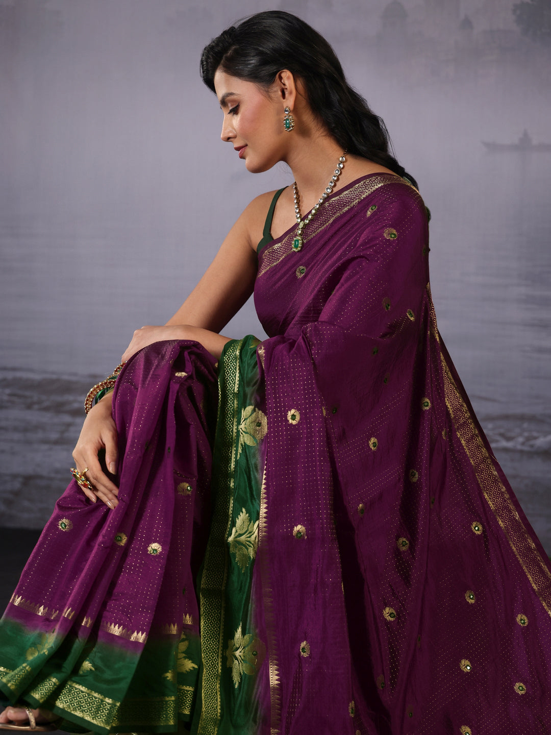 Libas Purple Mirror Work Silk Blend Saree with Woven Floral Border