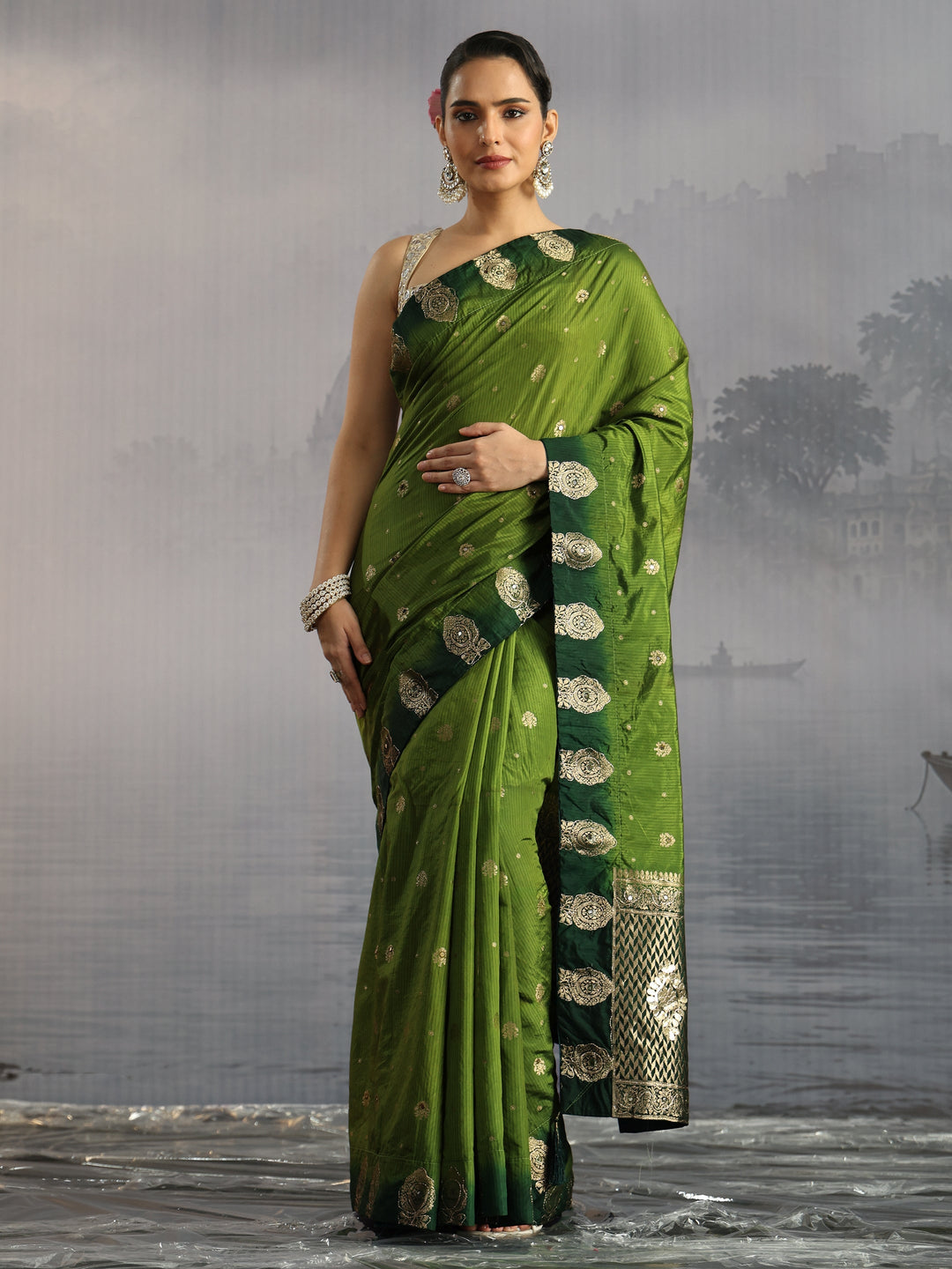 Libas Green Mirror Work Embellished Silk Blend Saree