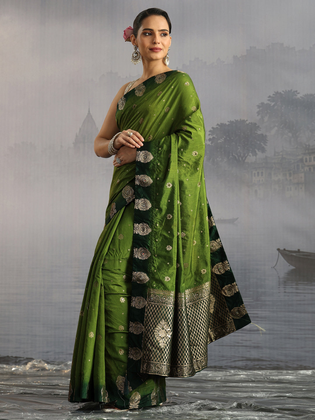 Libas Green Mirror Work Embellished Silk Blend Saree
