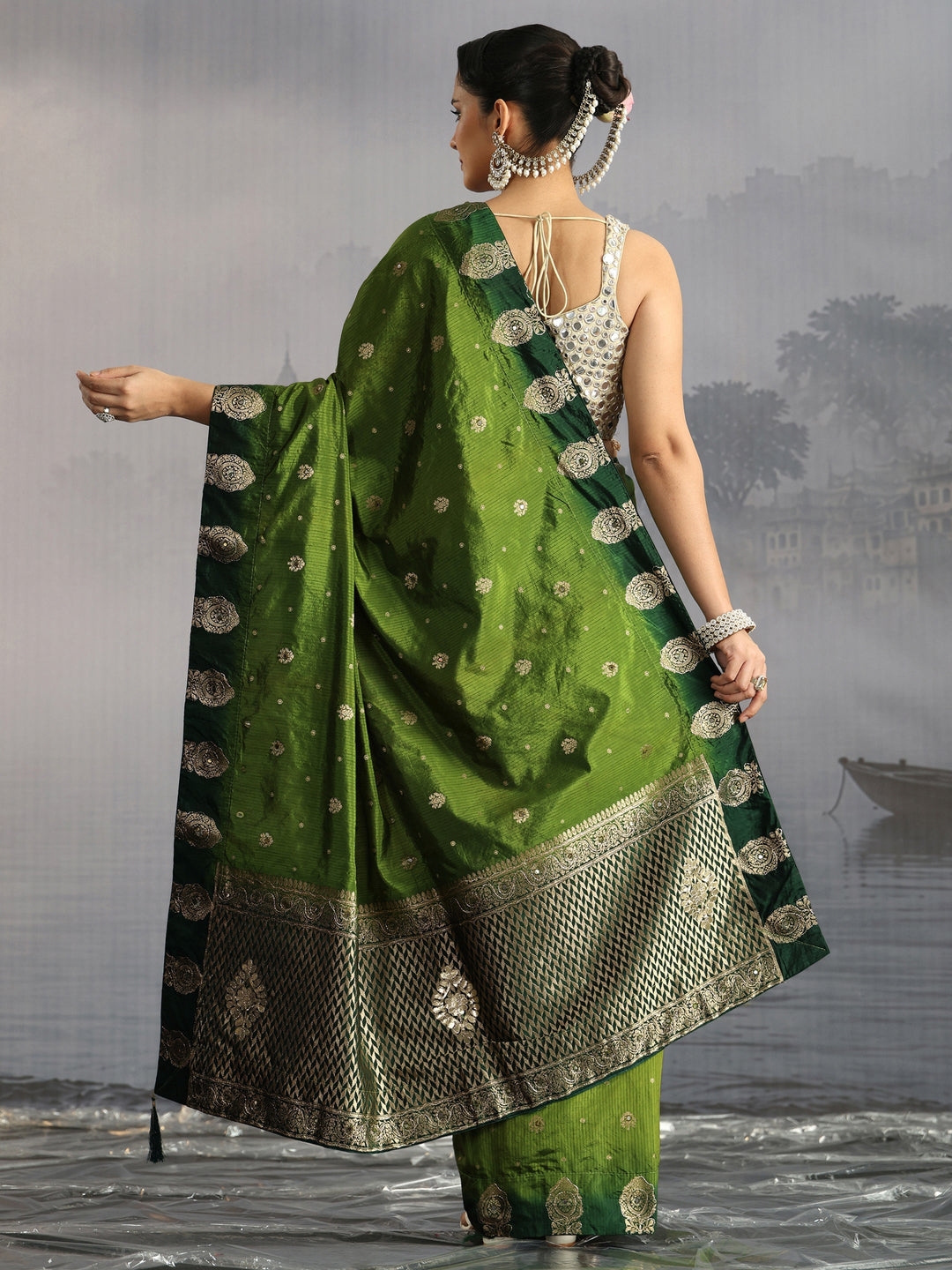 Libas Green Mirror Work Embellished Silk Blend Saree