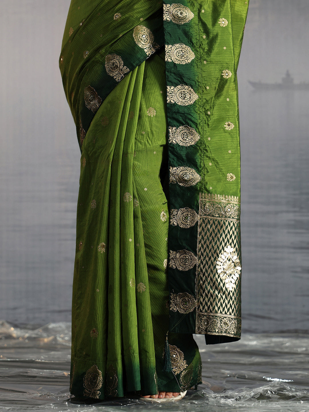 Libas Green Mirror Work Embellished Silk Blend Saree