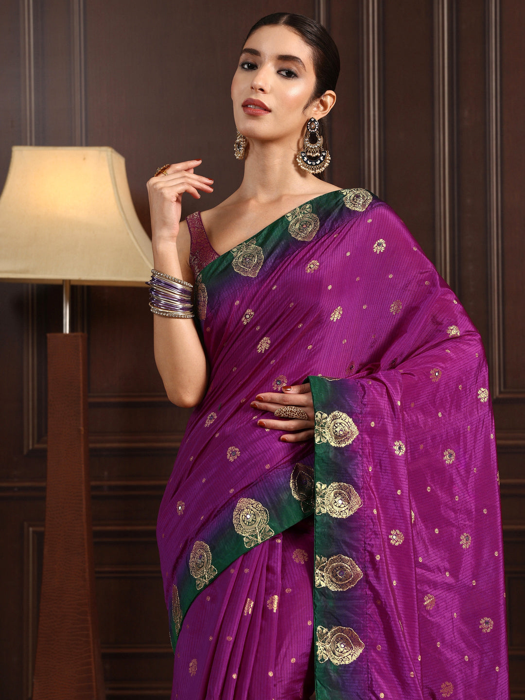Libas Purple Silk Blend Saree with Zari Woven Floral Motif Border