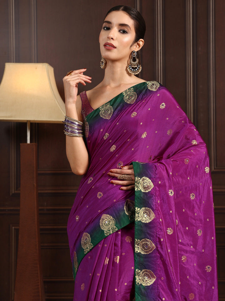 Libas Purple Silk Blend Saree with Zari Woven Floral Motif Border