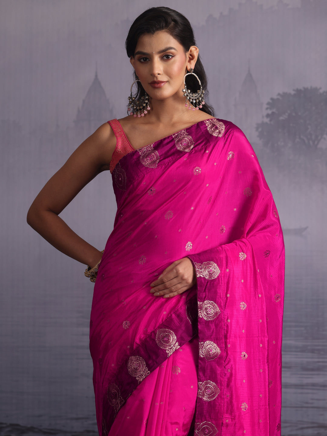 Libas Pink Woven Design Silk Blend Saree