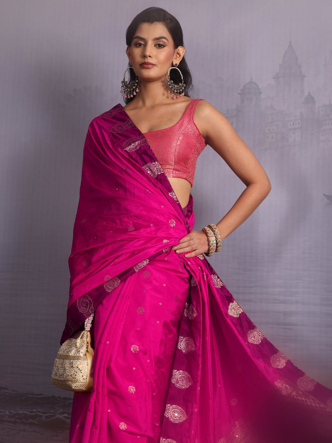 Libas Pink Woven Design Silk Blend Saree