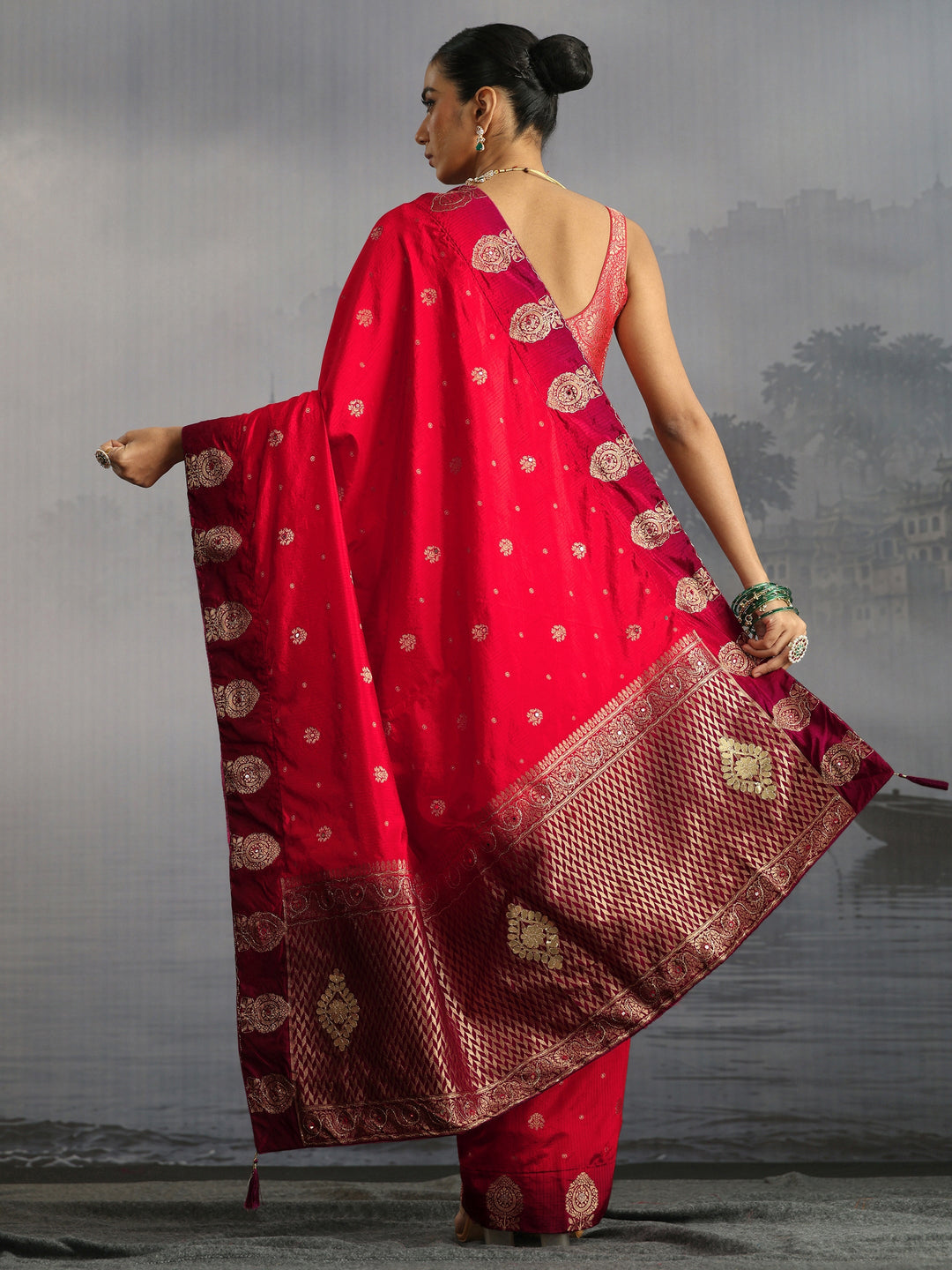 Libas Red Mirror Work Embellished Silk Blend Saree