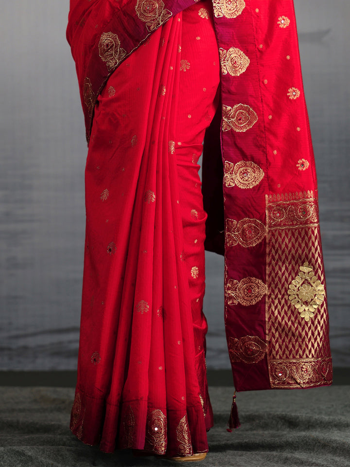 Libas Red Mirror Work Embellished Silk Blend Saree