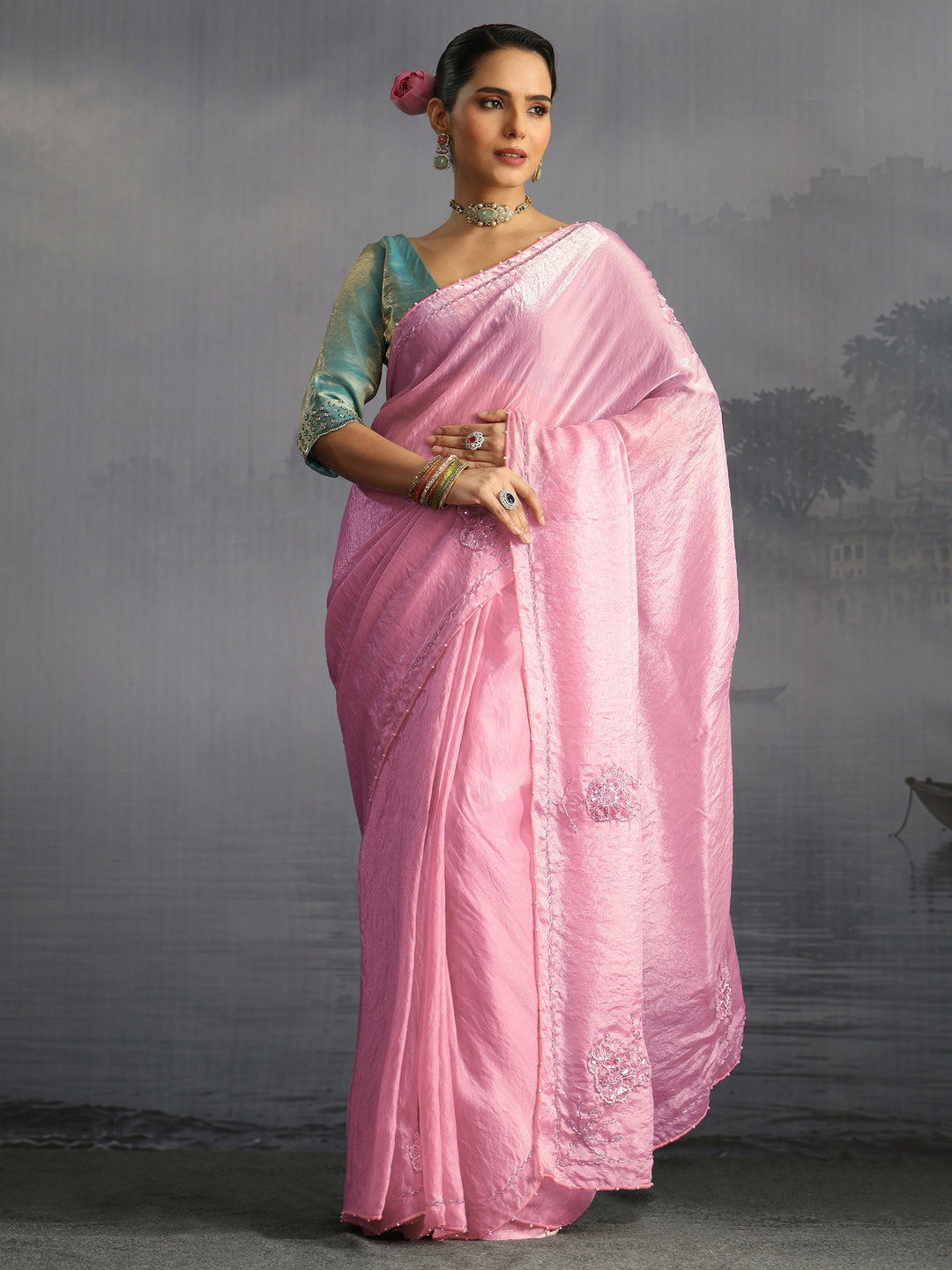 Libas Pink Floral Embellished Tissue Saree