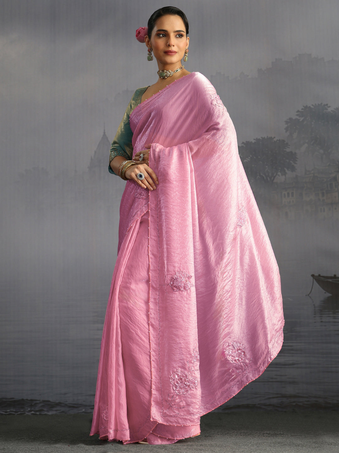 Libas Pink Floral Embellished Tissue Saree