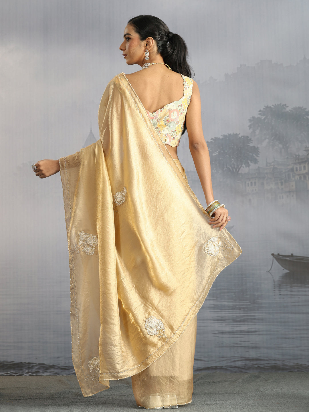 Libas Golden Floral Embellished Tissue Saree